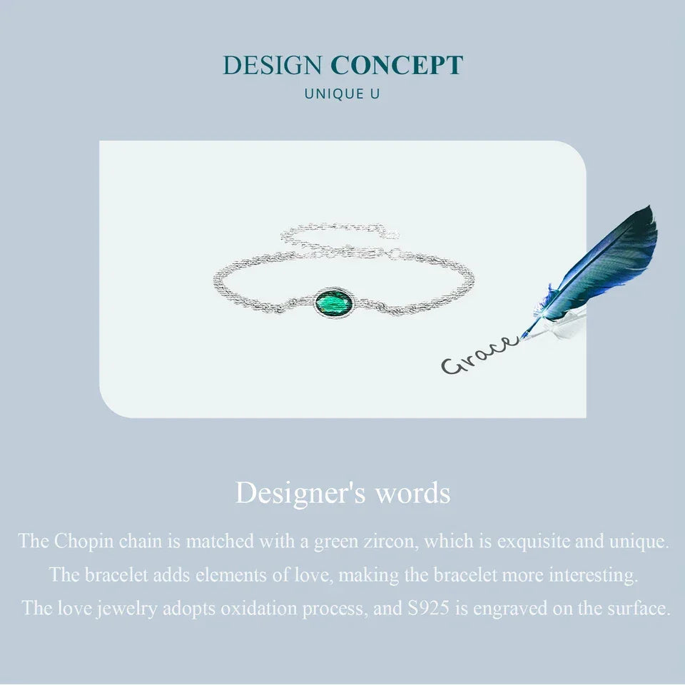 Sterling Silver Chopin Bracelet with Green Zircon – Adjustable