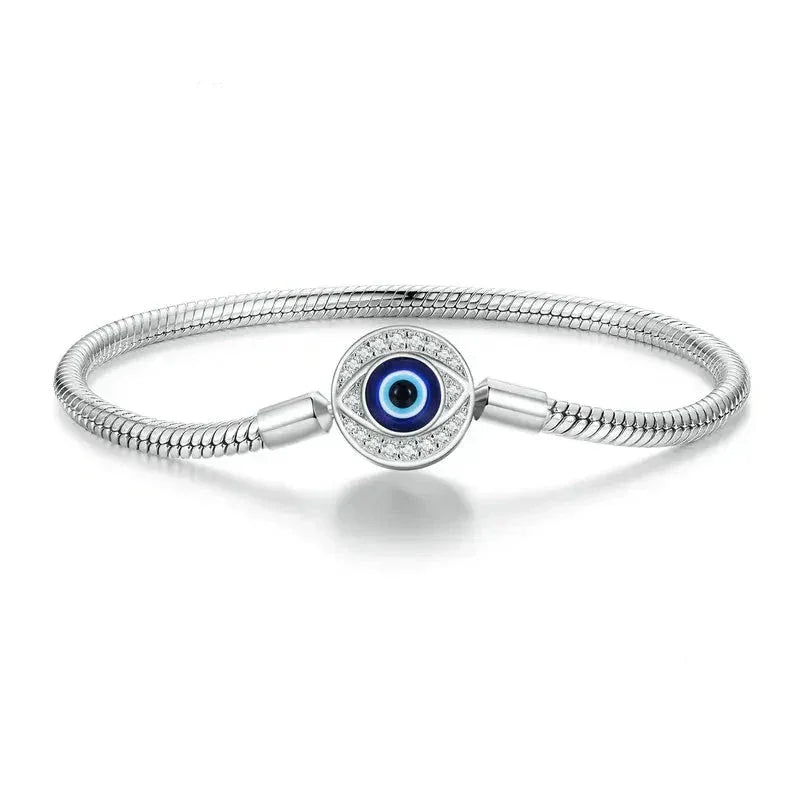 Sterling Silver Evil Eye Charm Bracelet with CZ – Snake Chain