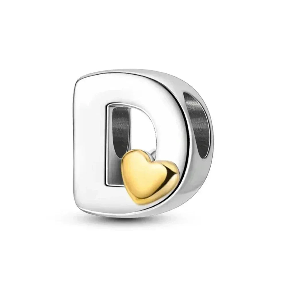 925 Sterling Silver Initial Charm with Gold Heart