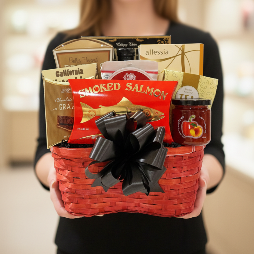 A red woven gift basket filled with assorted gourmet snacks and tea, featuring a large black ribbon bow on the front. Visible items include a red package of smoked salmon, a jar of fruit preserves, chocolate-branded boxes, and allessia tea.