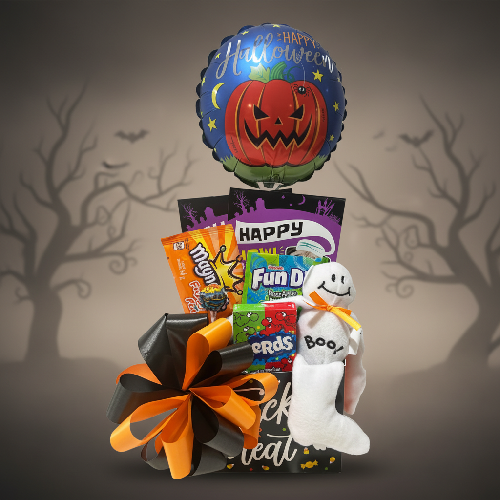 A Halloween-themed gift basket filled with assorted candy, a plush ghost, and a large black and orange bow, topped with a round foil balloon featuring a jack-o'-lantern and the words 'Happy Halloween'.