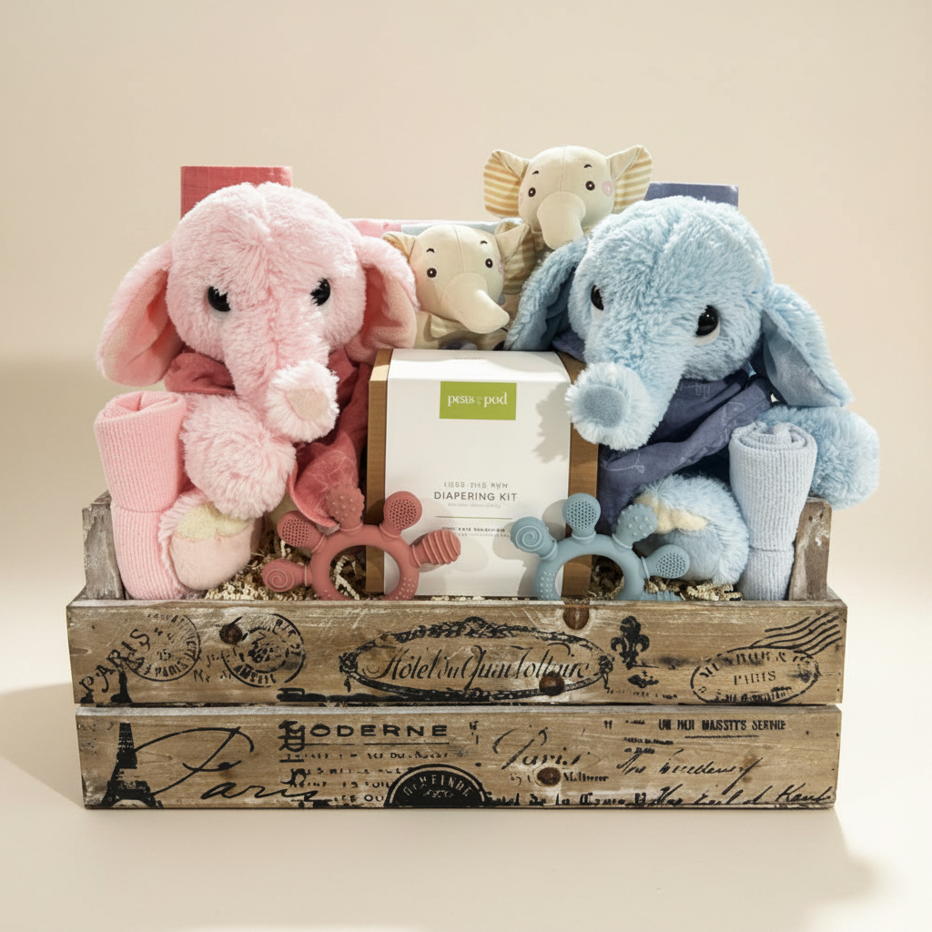 A baby gift basket set featuring a pink plush elephant toy, a blue plush elephant toy, a cream elephant toy, a pink teething ring, a blue teething ring, a boxed diaper kit, and a rustic wooden crate with decorative print.