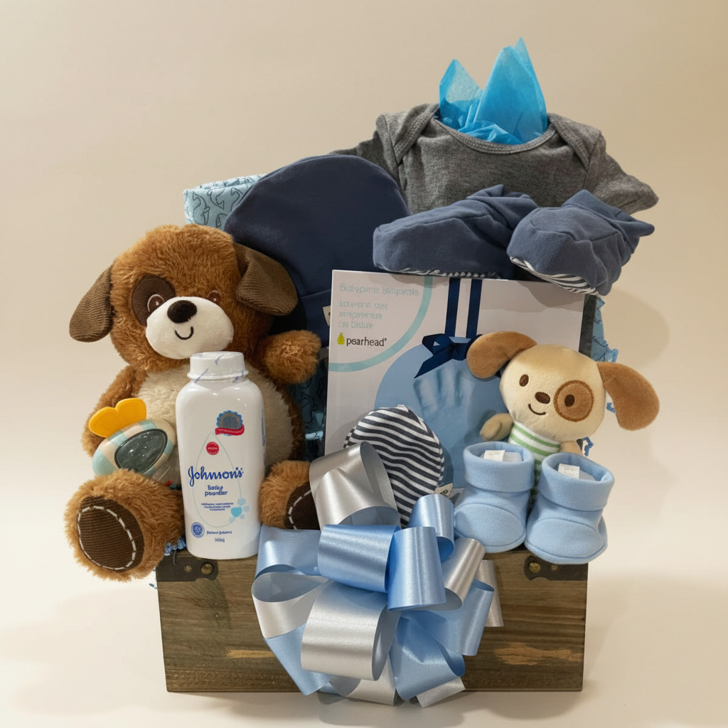 A baby gift basket arranged in a wooden crate with a large light blue ribbon bow. The basket contains a brown plush dog toy, a white Johnson's baby lotion bottle, folded blue and gray clothing, a striped baby blanket, a small plush dog toy, and a gift bag with a blue ribbon.