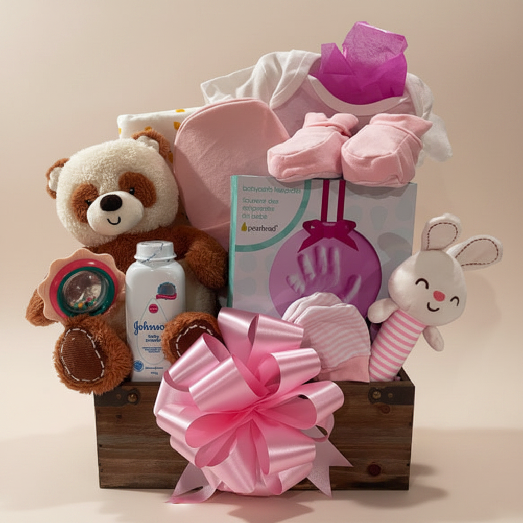 A baby gift basket arranged in a wooden crate with a large pink bow, including a plush teddy bear, pink booties, a pink swaddle blanket, a Johnson's baby lotion bottle, a small plush bunny, and tissue paper on a white background.
