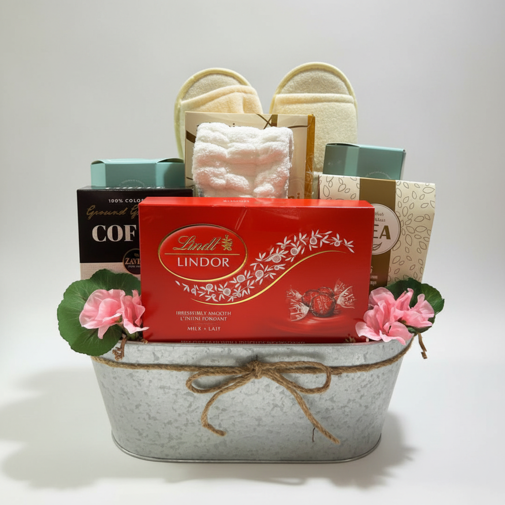 A gift basket arrangement in a galvanized metal tub with twine, featuring a red Lindor milk chocolate box, pink flowers, green leaves, folded towels, and boxed tea and coffee on a white background.