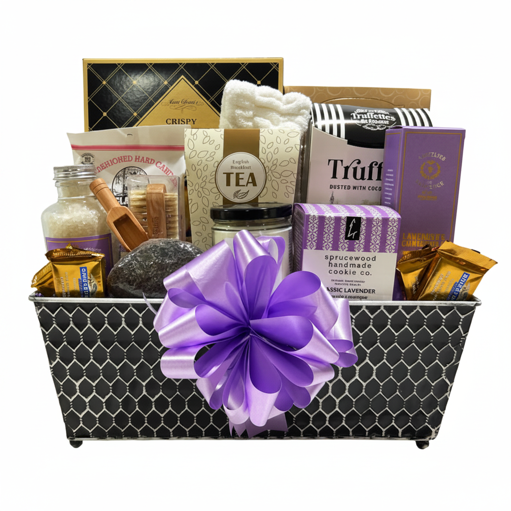 A curated gift basket filled with assorted packaged snacks, tea, soap, and small treats, arranged in a black-and-white patterned basket with a large purple bow in front. Visible packaging includes Truff, Handcrafted Homemade Soap Co.