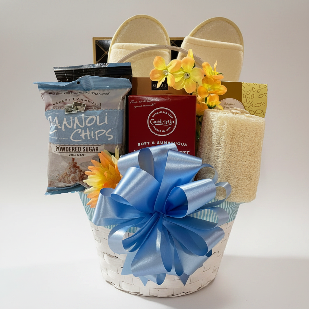 A spa-themed gift basket containing a bag of Cannoli Chips, a box of CocoaLite powder sugar, a rolled bath towel, a sponge, and a pair of sandals, arranged in a white basket with a large blue ribbon bow and yellow flowers, on a white background.