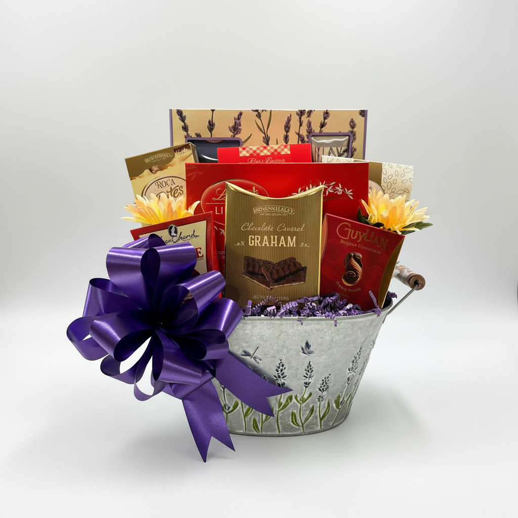 Lavender-themed gourmet gift basket in a galvanized metal bucket with a large purple bow, filled with chocolates, crackers, and flowers on a white background.
