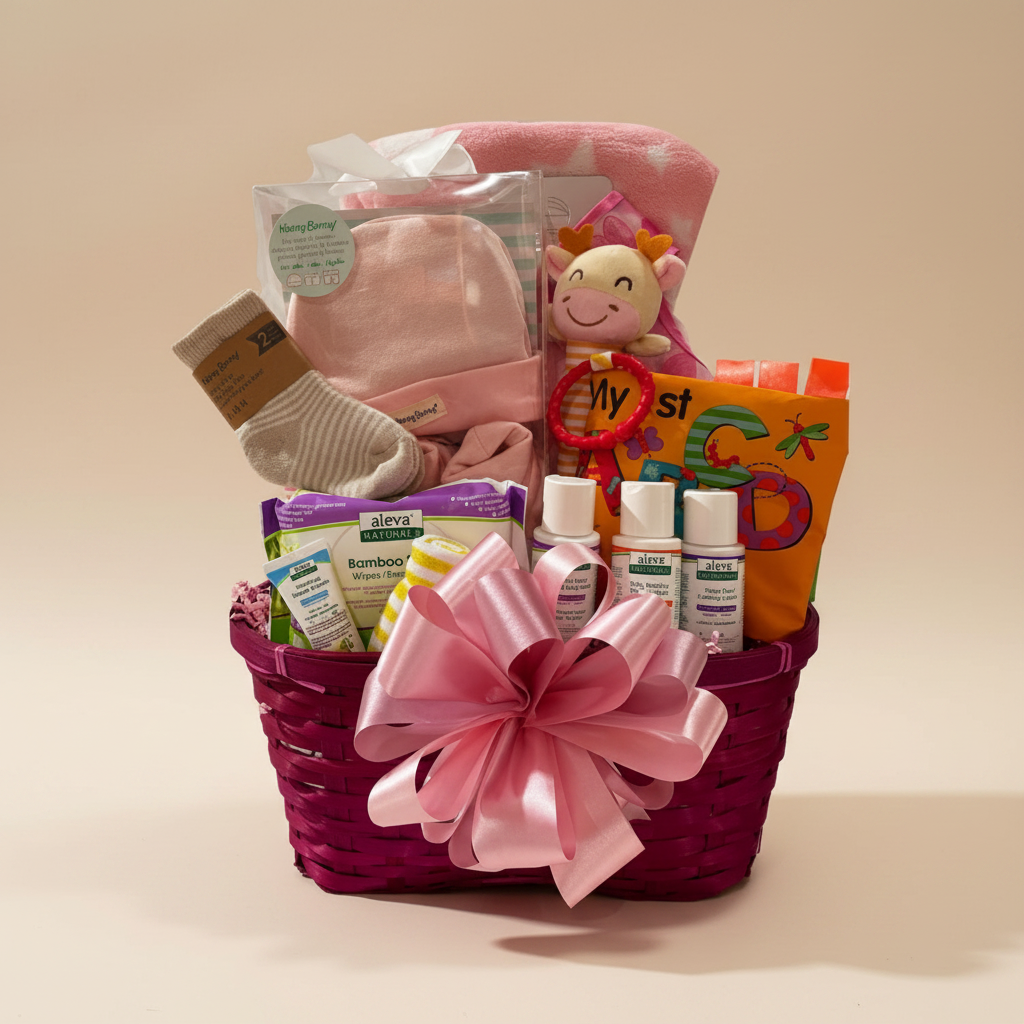 A baby gift basket filled with baby essentials, including a pink bonnet, socks, a plush toy, bottles of lotion, bamboo wipes, and a colorful alphabet book, arranged in a magenta basket with a large pink bow on a white background.