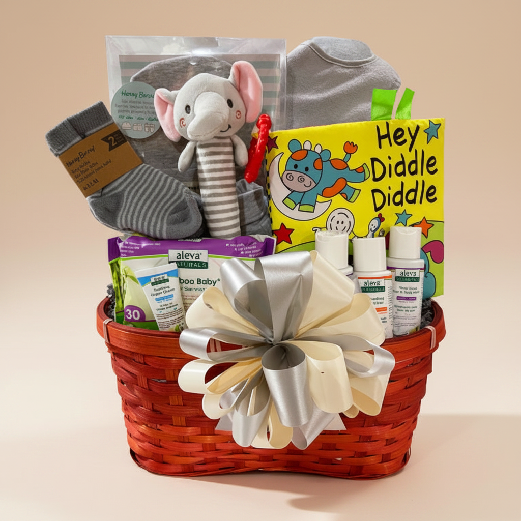 A baby gift basket with a red woven basket, decorated with a large cream and silver bow. Inside are baby items including a gray striped sock, a plush elephant toy, a gray bib, a yellow 'Hey Diddle Diddle' book, and Alex's Health baby care products.