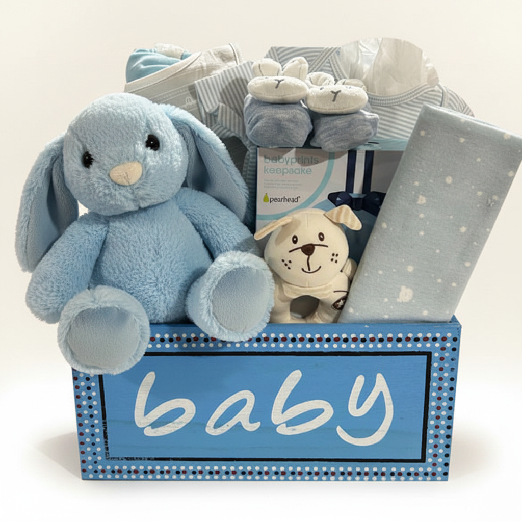 A baby gift basket filled with soft toys and baby accessories, including a large light blue plush elephant, a small dog plush, a gray blanket with white dots, striped baby socks, and a blue basket with the word "baby" on the front.