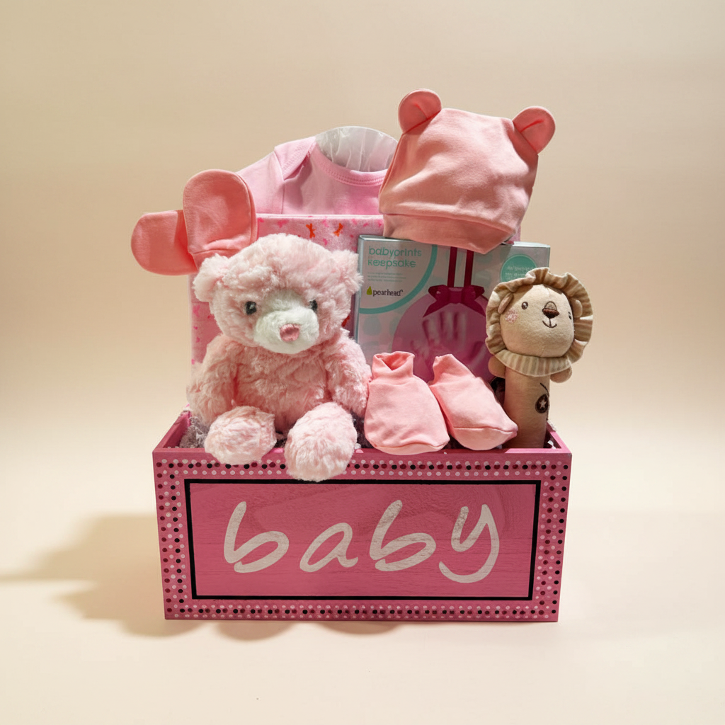 A pink baby gift basket set in a pink box labeled 'baby' with a plush teddy bear, pink hat, swaddle blanket, baby socks, and a lion plush toy.
