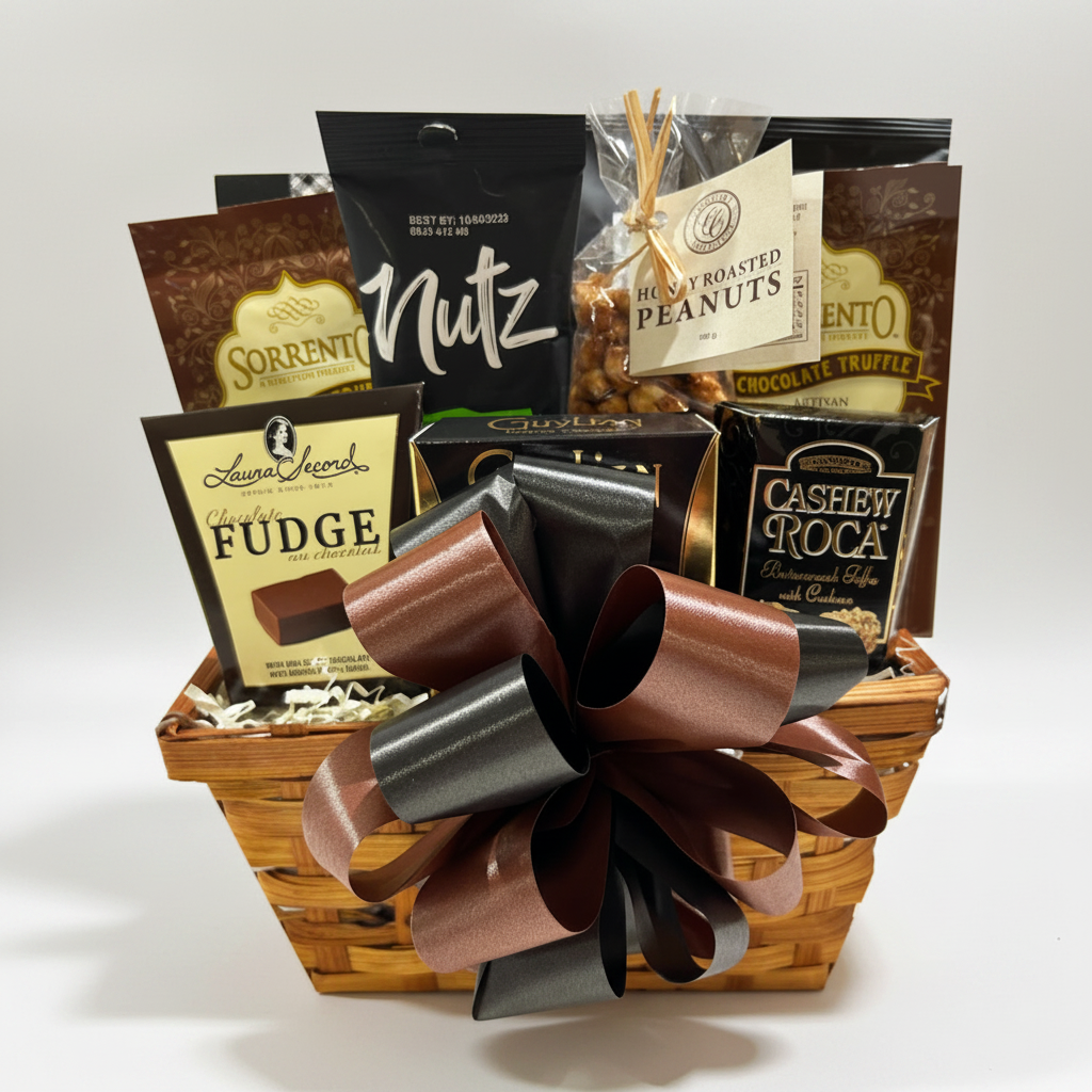 A gourmet chocolate gift basket filled with assorted packaged sweets, including Laura Searls Fudge, Nutz chocolate, and Cashew Rocla chocolate truffles, arranged in a wicker basket with a large brown and black ribbon bow.