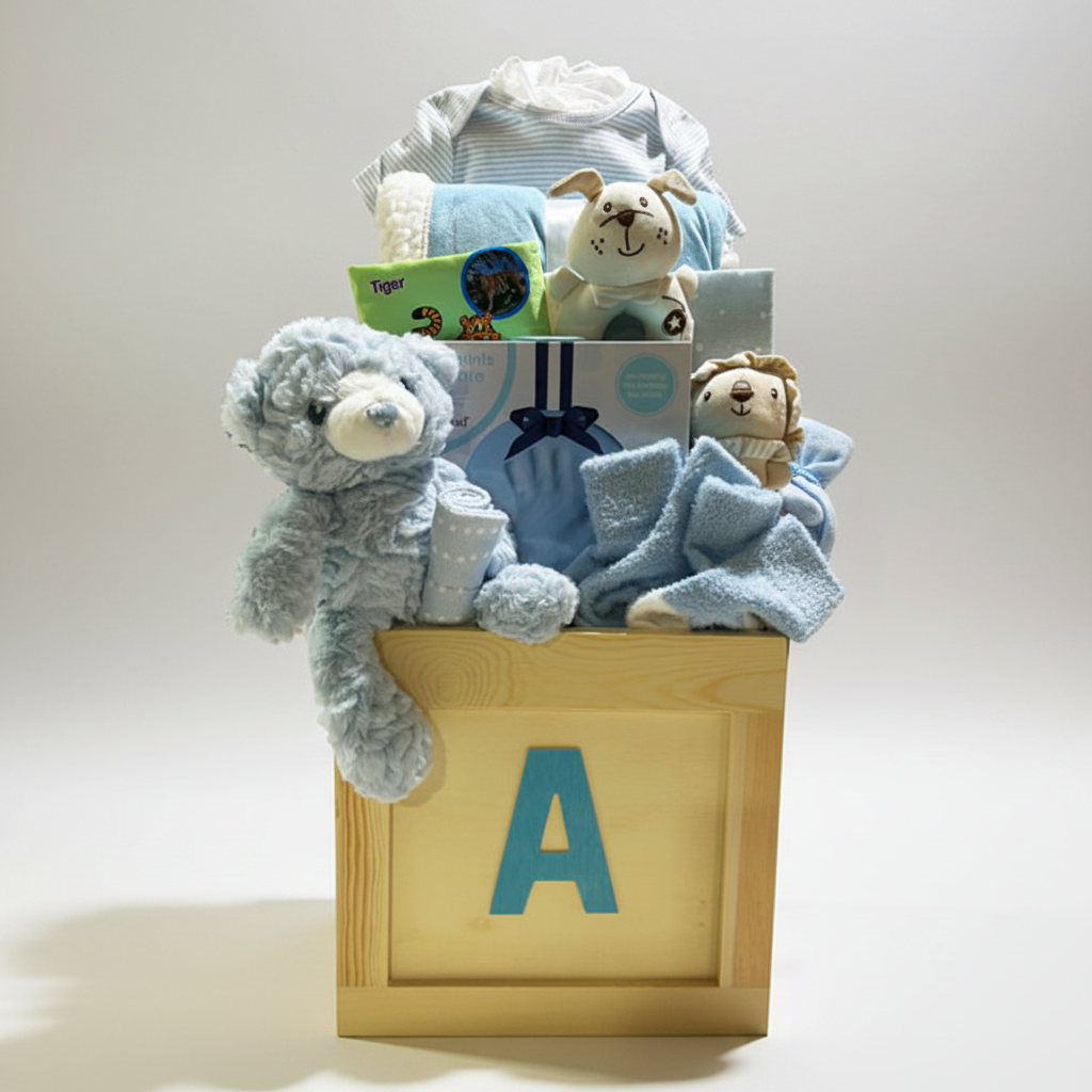 A baby gift basket arranged in a wooden box with a large letter A on the front. The basket contains a light blue plush teddy bear, a white stuffed dog, a blue blanket, folded baby clothes, a striped cloth, and a small Tiger brand book, all photographed on a white background.