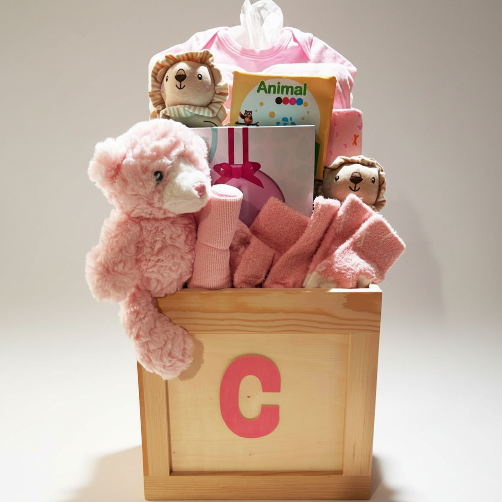 A baby gift basket arranged in a wooden crate with a large pink letter C, filled with pink baby clothes, a plush teddy bear, pink socks, and small stuffed lion toys on a white background.