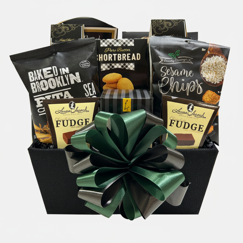 A gourmet gift basket filled with assorted snacks and treats, including bags of Baked in Brooklyn Frita, Shortbread, Sesame Chips, and Laura Auerbach Fudge, arranged in a black basket with a large green and black bow.