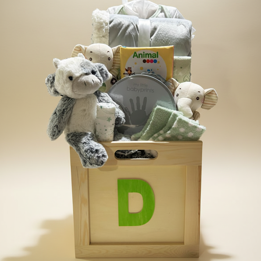 A baby gift basket arranged in a wooden storage box with a large green letter D on the front. The basket contains a plush elephant toy, folded blankets, a baby book, a tin of baby fingerprints, and a small cup, all photographed on a white background.