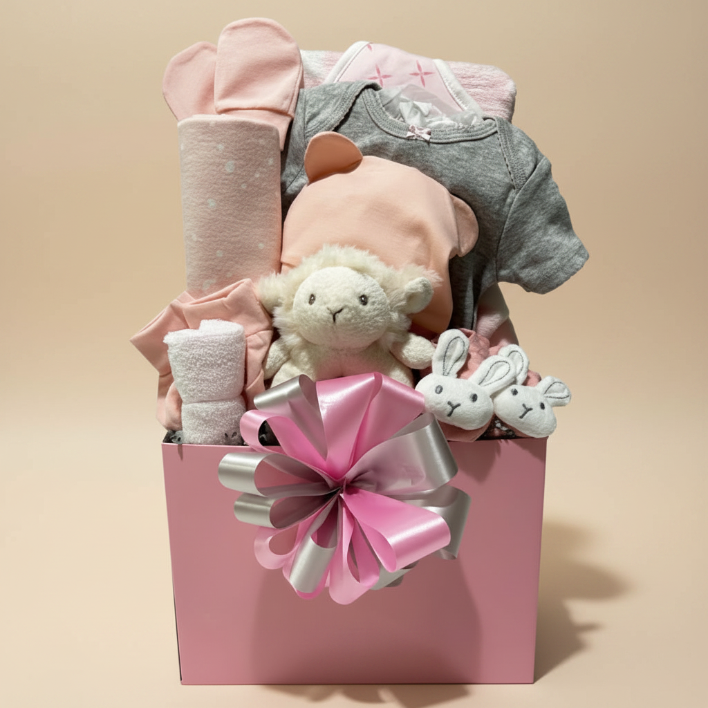 A baby gift basket set in a pink box with a large pink and silver bow, filled with baby essentials including a gray onesie, pink blanket, folded towels, a plush lamb toy, and white bunny plushies, on a white background.