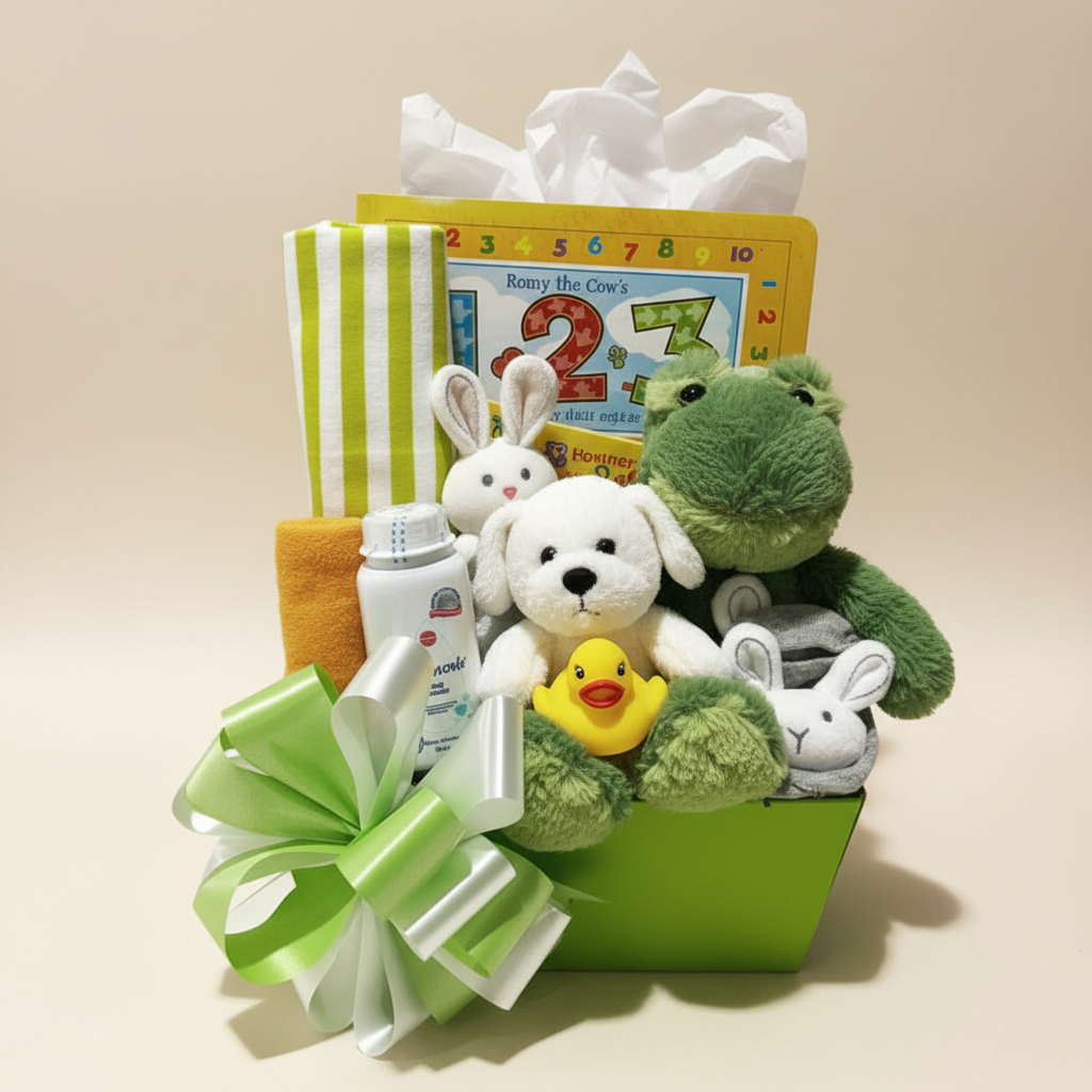 A baby gift basket filled with a green plush frog toy, a yellow rubber duck, a white bunny plush, folded white and gray socks, a green-and-white striped cloth, a small white bottle, a peach baby outfit, and a tissue box, arranged in a green basket with a large green and white bow. A children's number card is visible behind the items.