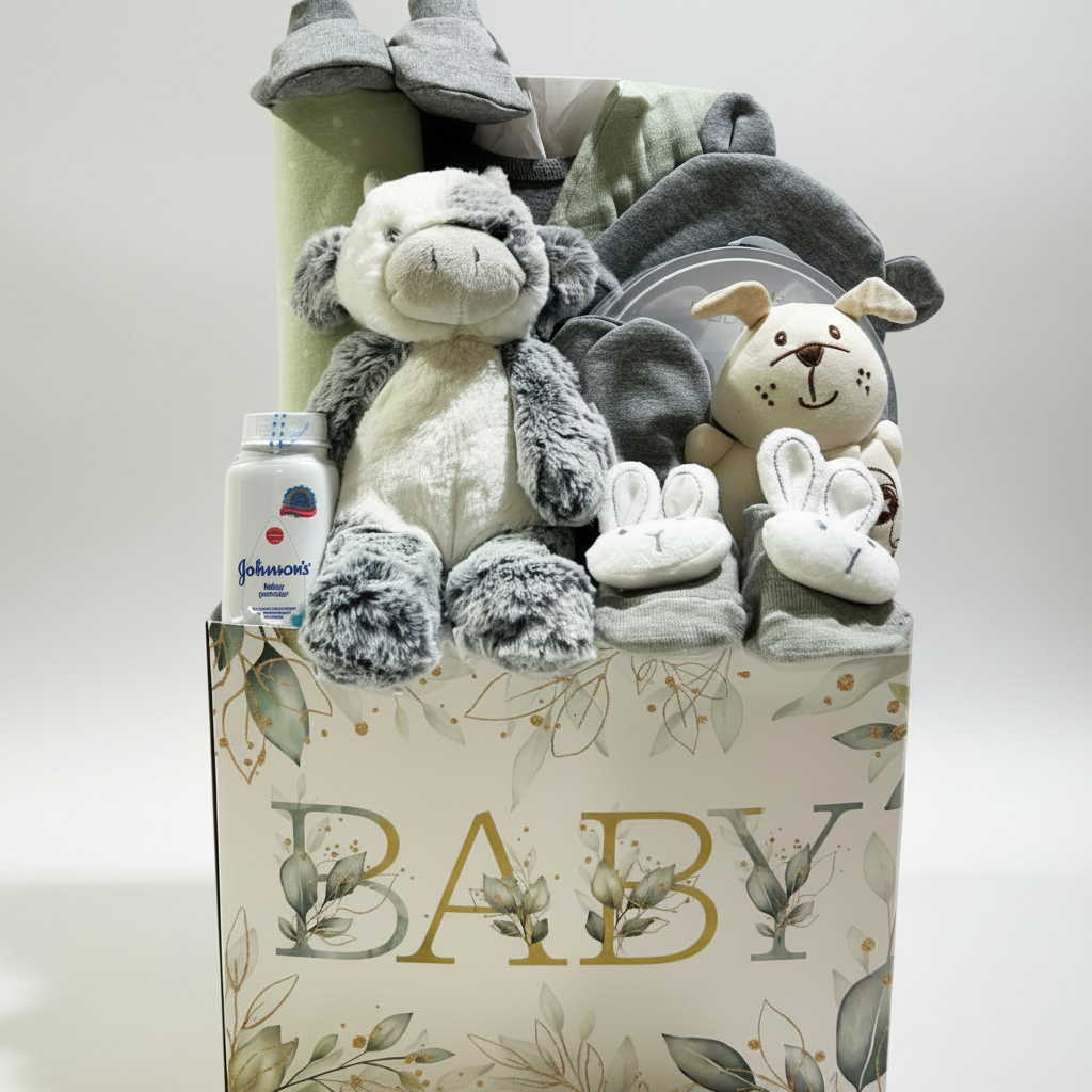 A baby gift basket set in a floral-patterned box, featuring a plush gray and white monkey toy, a small dog plush, white bunny slippers, a bottle of Johnson's baby powder, and folded blankets and socks.