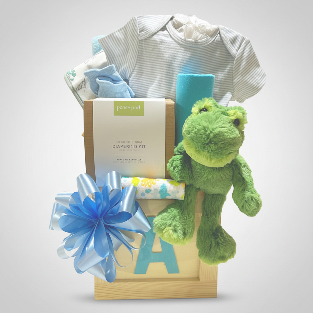 A baby gift basket set from Jessup Dot featuring a light blue and white striped baby onesie, a green plush frog toy, a blue and white diaper kit box, a blue ribbon bow, and a wooden letter A tray, all arranged on a white background.