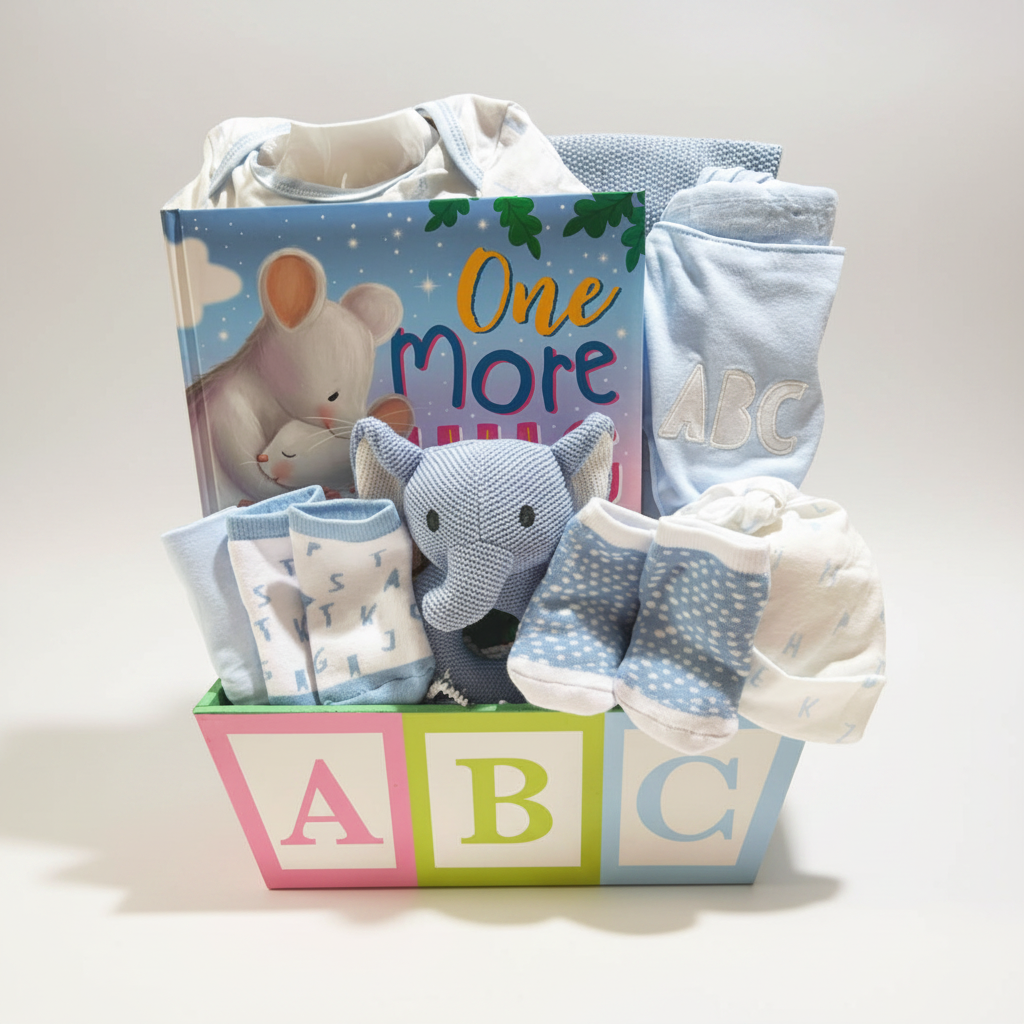 A baby gift basket set containing a plush elephant toy, a soft book titled 'One More', folded baby clothes, socks, and a basket with colorful ABC letter panels on a white background.