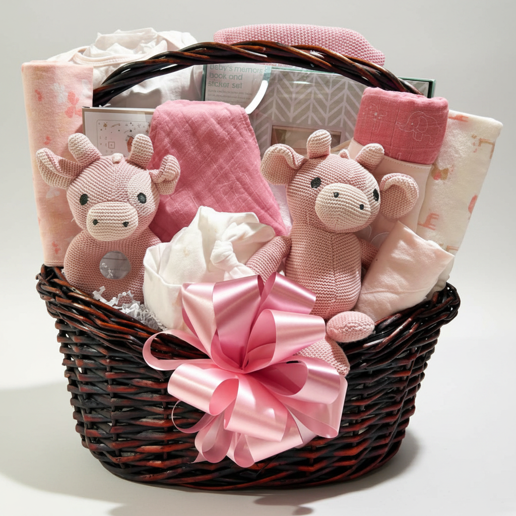 A baby gift basket set in a dark brown wicker basket with a large pink ribbon bow, filled with pink plush toy animals, pink blankets, baby wipes, and patterned baby clothes on a white background.