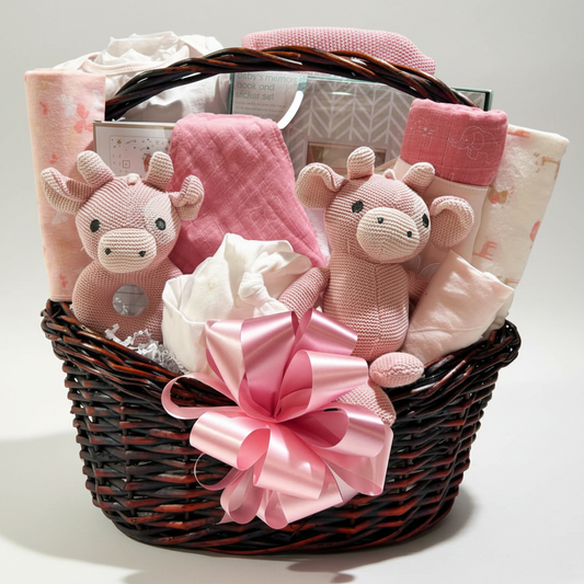 A baby gift basket set in a dark brown wicker basket with a large pink ribbon bow, filled with pink plush toy animals, pink blankets, baby wipes, and patterned baby clothes on a white background.