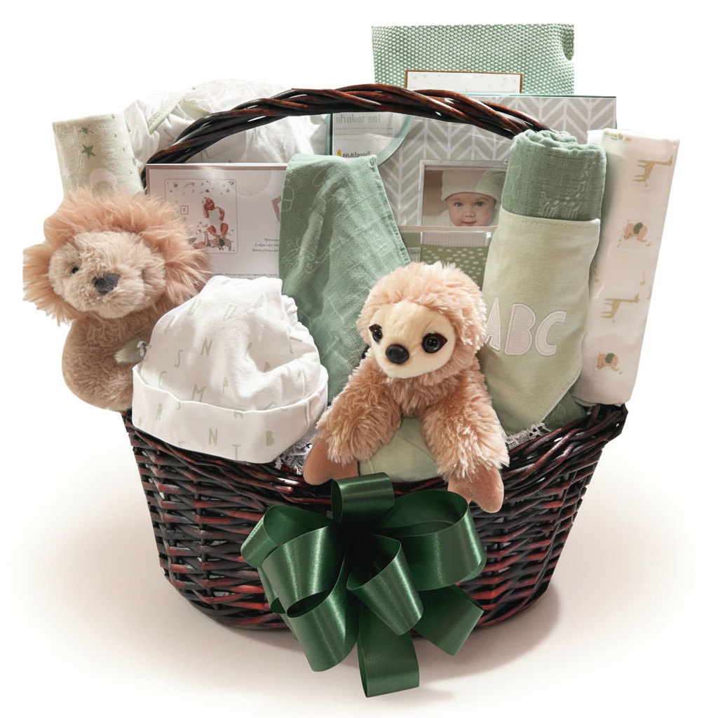 A baby gift basket filled with soft items including a plush sloth toy, a white bonnet, rolled blankets, folded fabrics, and gift boxes, arranged in a dark wicker basket with a large green ribbon bow in front.