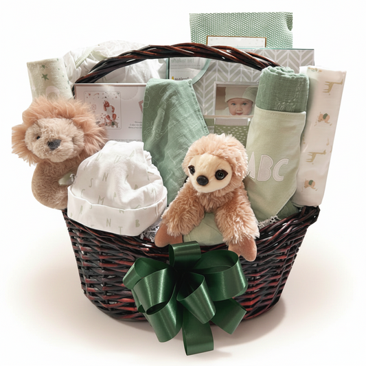 A baby gift basket filled with soft items including a plush sloth toy, a white bonnet, rolled blankets, folded fabrics, and gift boxes, arranged in a dark wicker basket with a large green ribbon bow in front.