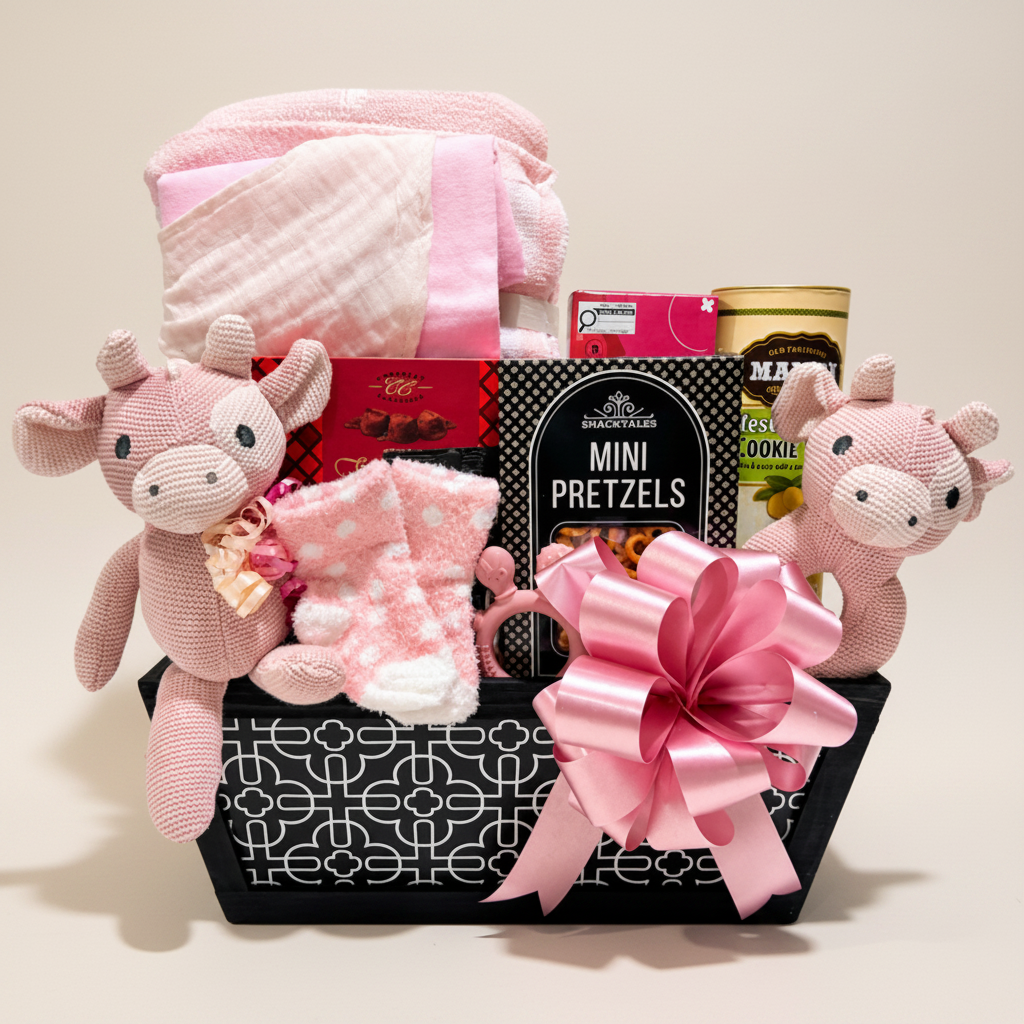 A pink and black gift basket filled with baby items, including a plush pink cow toy, folded pink blankets, a pink knit bootie, a box of mini pretzels, and a jar of cookies, tied with a large pink bow on a white background.