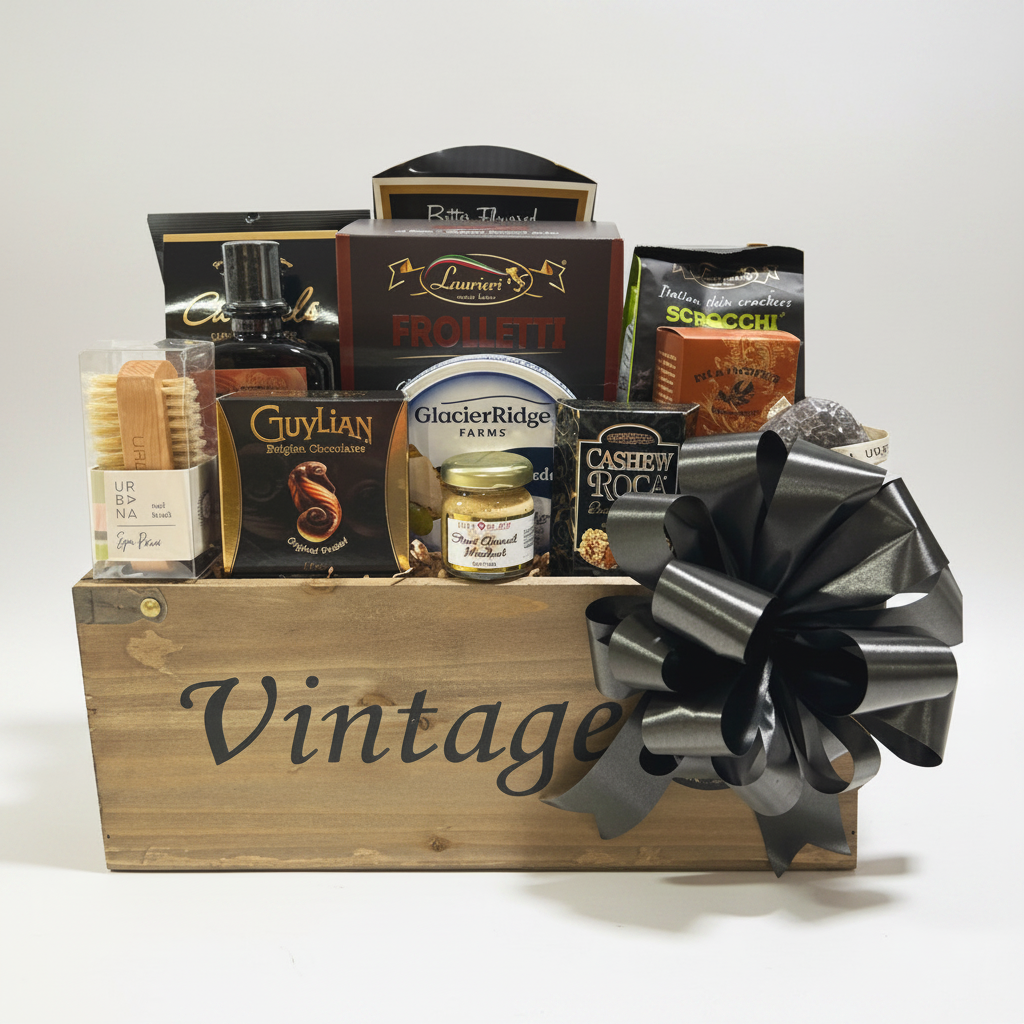 A wooden gift basket filled with assorted gourmet snacks, crackers, and packaged food items, decorated with a large black ribbon bow. Visible brands include Vintage on the basket, Glacier Ridge Farms on the cheese jar, and Cashewy Crocks on the crackers.