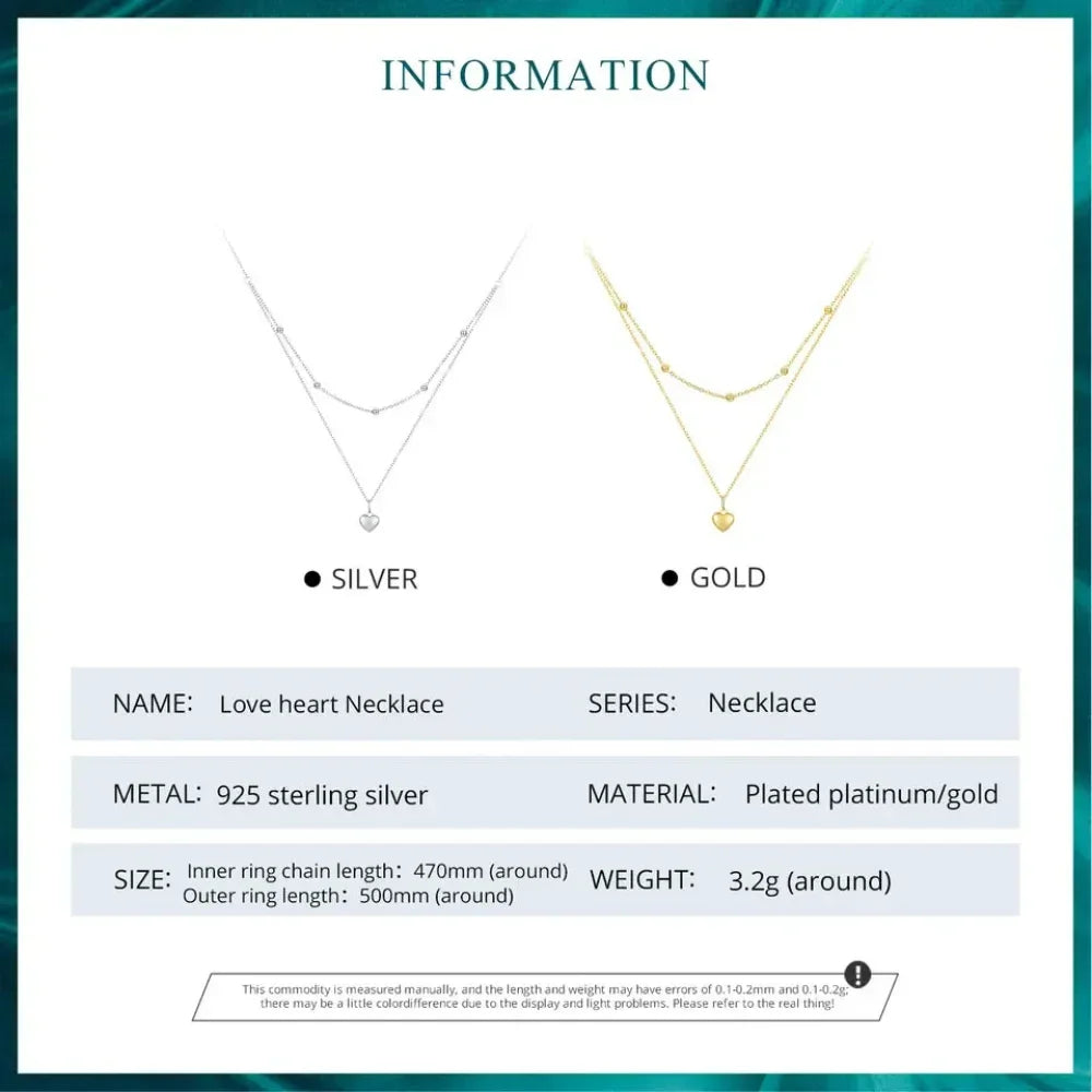 925 Sterling Silver Double Layer Heart Pendant Choker Necklace