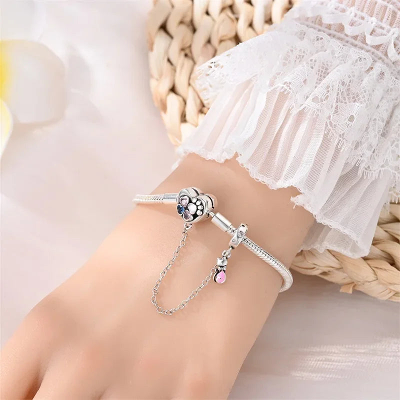 Sterling Silver Heart Paw Print Charm Bracelet with Safety Chain