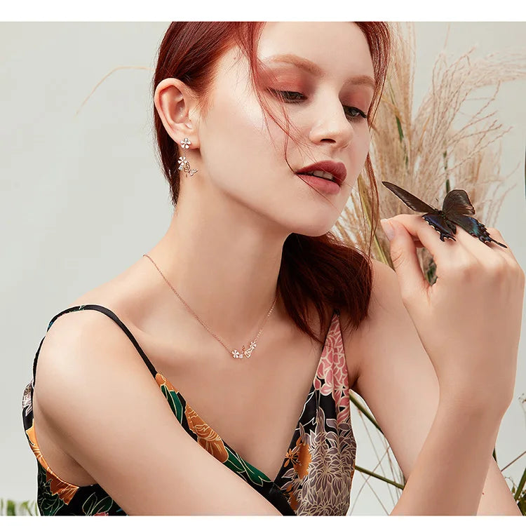 Delicate Beauty: Korean Style 925 Sterling Silver Butterfly and Flower Choker Necklace