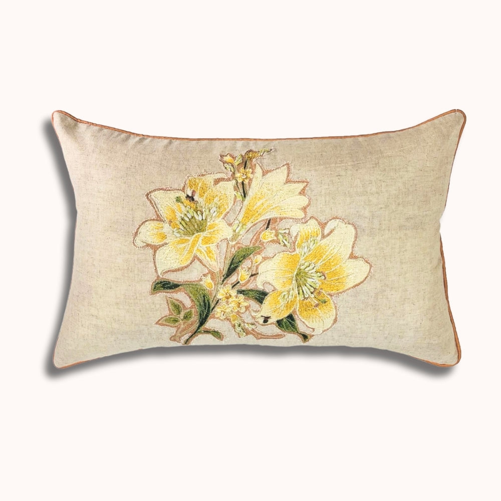 12x20" Embroidered Floral Lumbar Pillow Cover – Cotton Front, Paper Silk Back