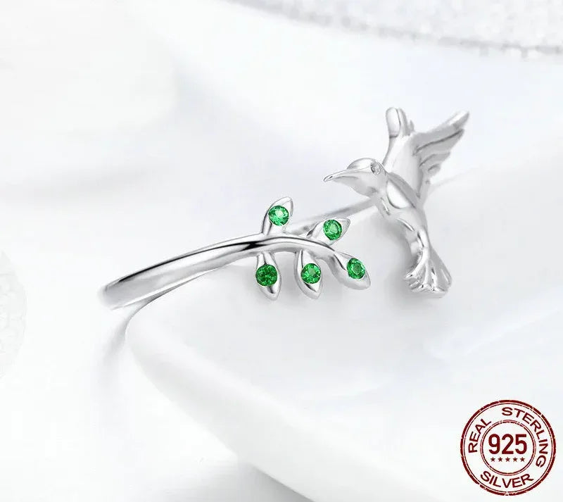 925 Sterling Silver Green Tree & Bird Open Ring