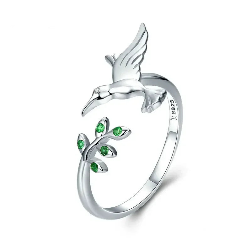 925 Sterling Silver Green Tree & Bird Open Ring