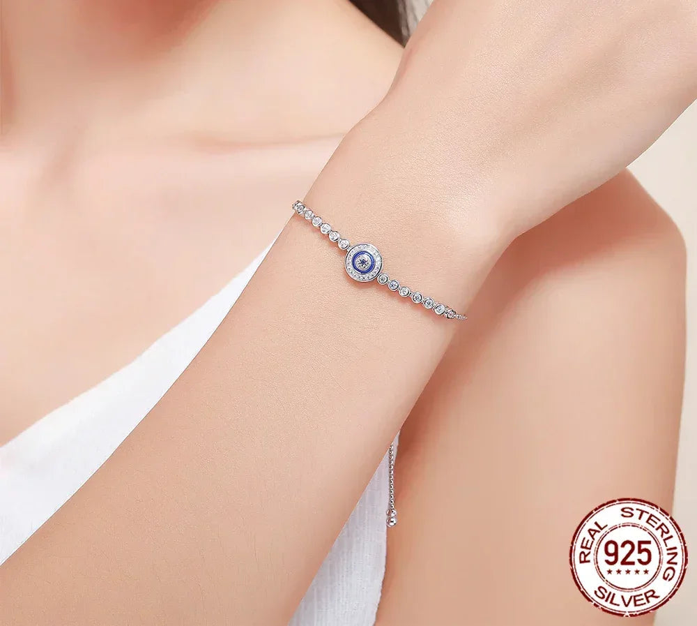 Sterling Silver Evil Eye Tennis Bracelet with CZ – Adjustable