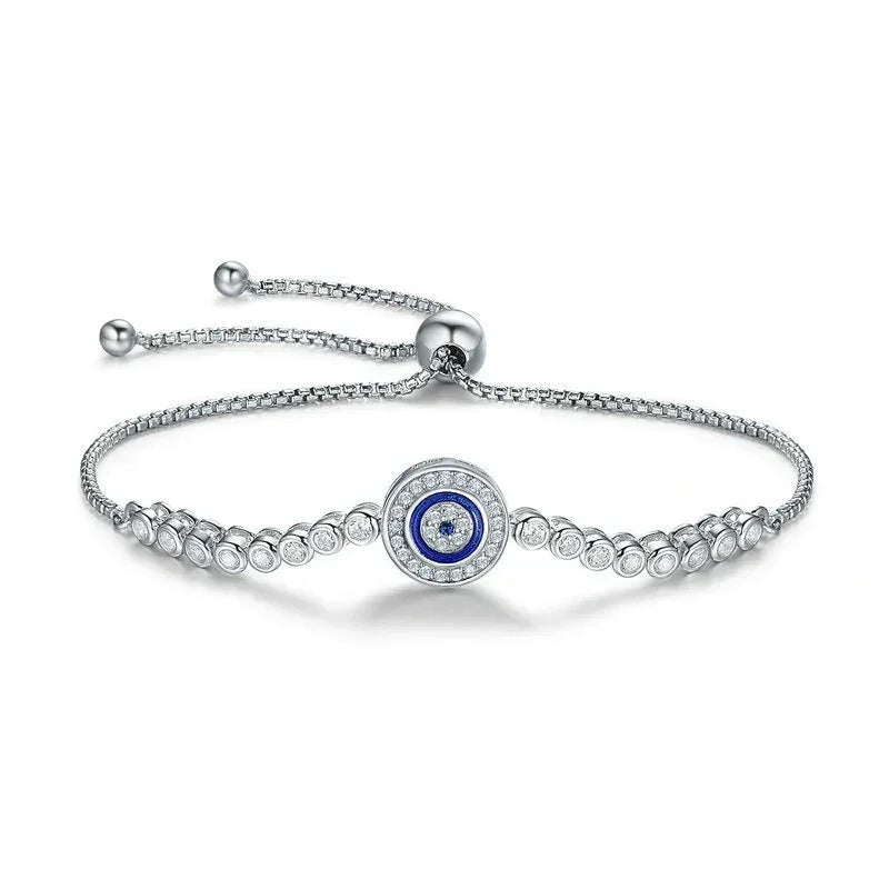 Sterling Silver Evil Eye Tennis Bracelet with CZ – Adjustable