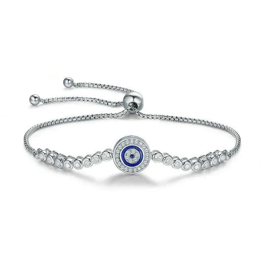 Sterling Silver Evil Eye Tennis Bracelet with CZ – Adjustable