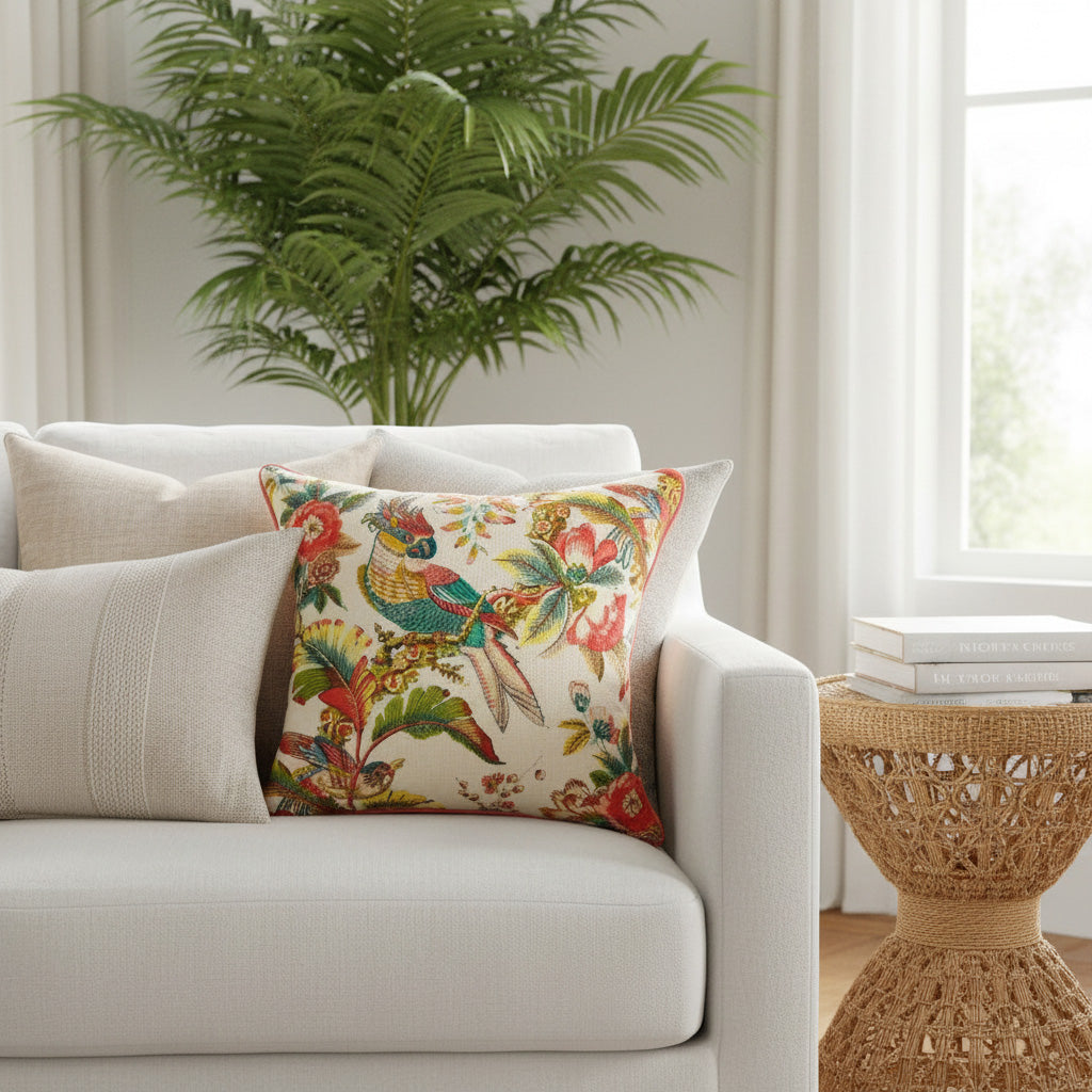 16x16" Tropical Birds of Paradise Pillow Cover – Parrot Embroidery on Cotton, Paper Silk Back
