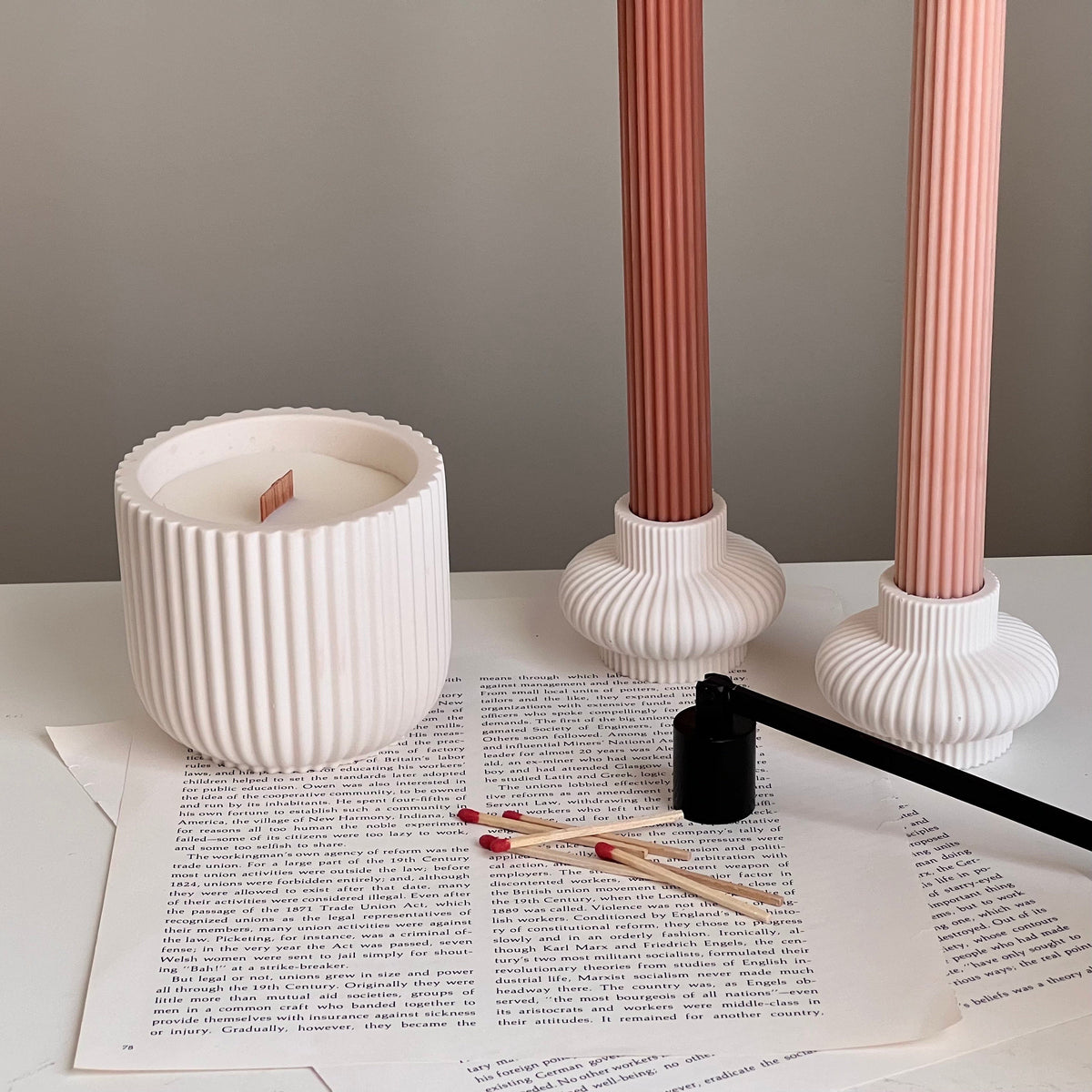 Handmade Ribbed Jar Soy Candle | Wood Wick, Jesmonite Vessel