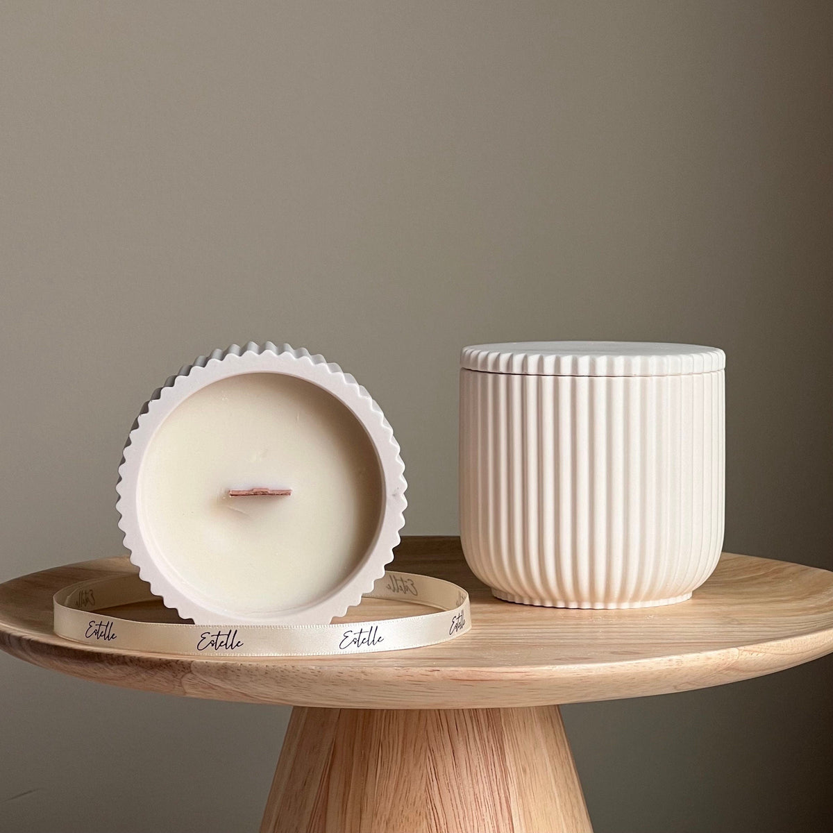 Handmade Ribbed Jar Soy Candle | Wood Wick, Jesmonite Vessel