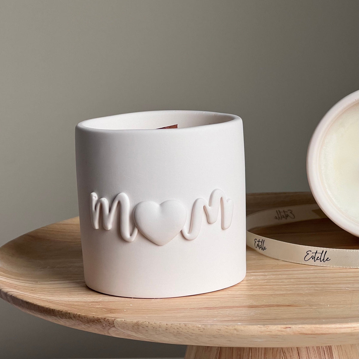 Handmade Soy Wax Candle: Jesmonite Vessel, Wood Wick - Mom Jar