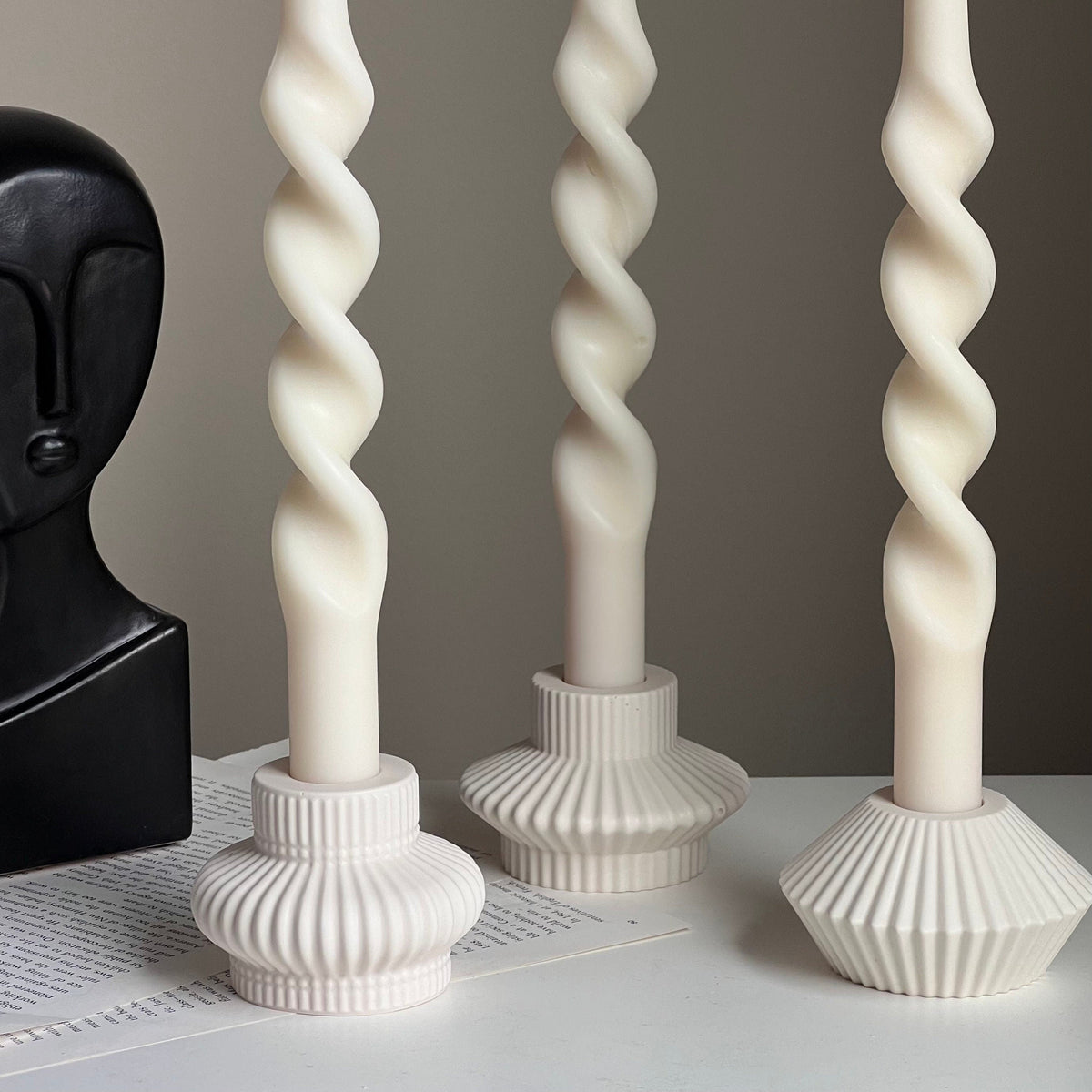 Ribbed Jesmonite Taper Candle Holder: Minimalist Table Decor