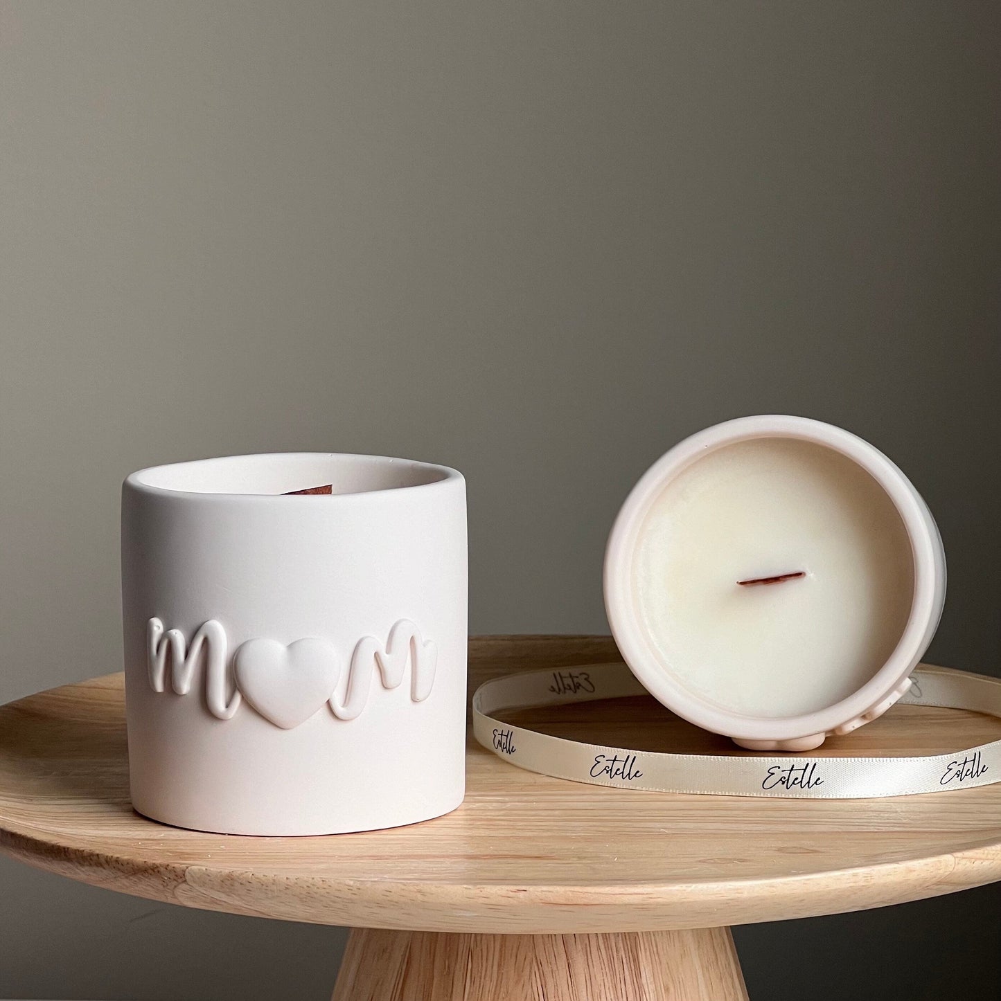 Handmade Soy Wax Candle: Jesmonite Vessel, Wood Wick - Mom Jar