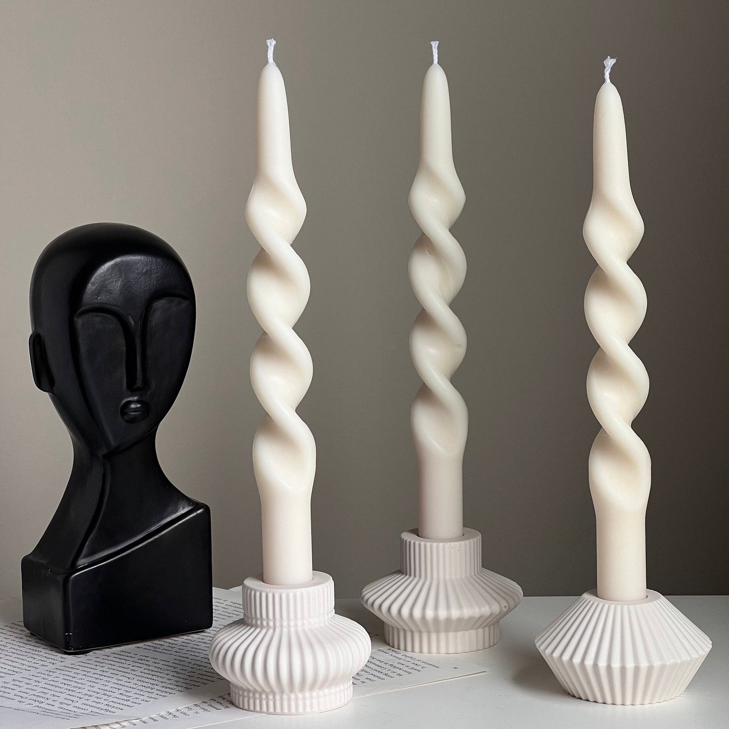 Ribbed Jesmonite Taper Candle Holder: Minimalist Table Decor