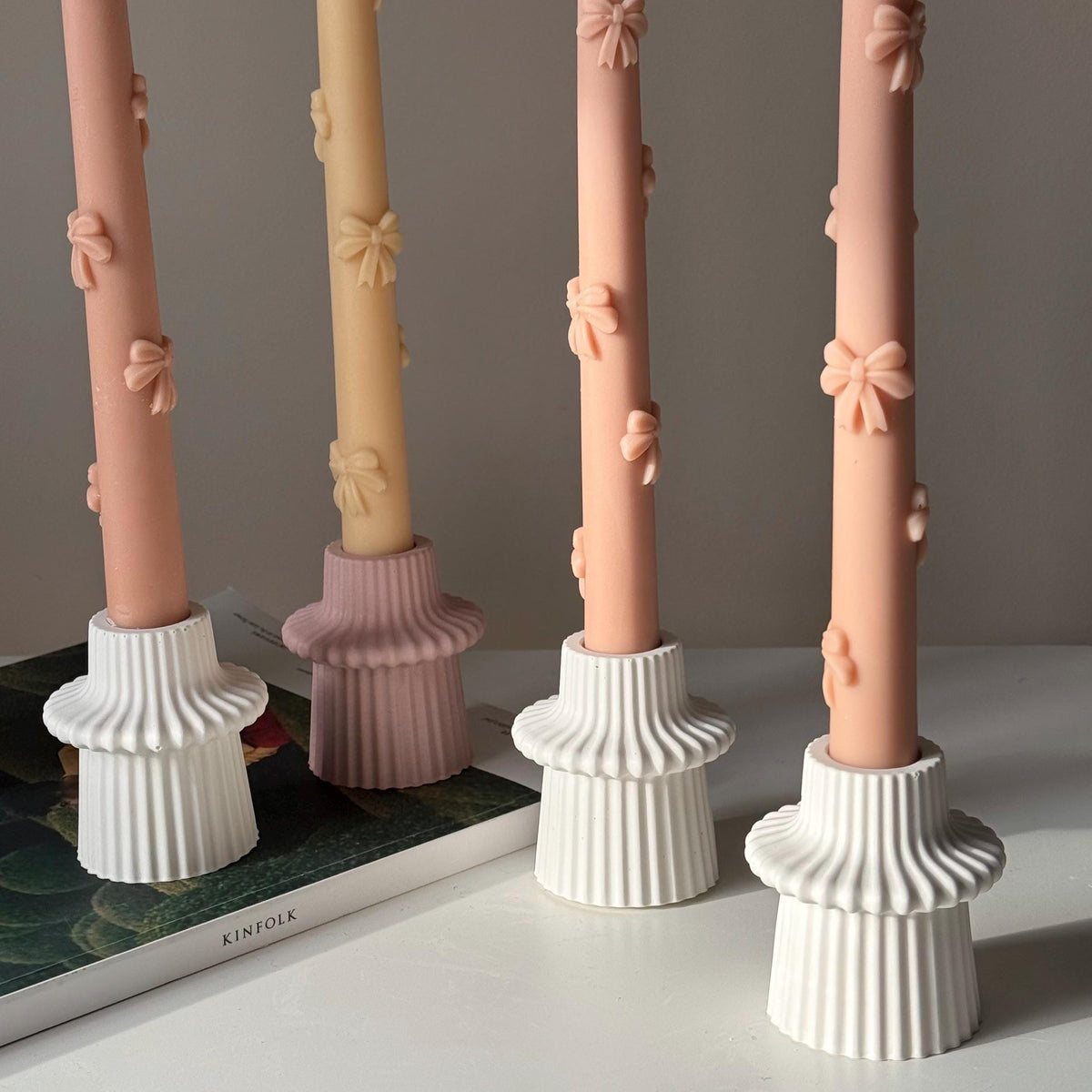 Ribbed Jesmonite Taper Candle Holder: Minimalist Table Decor