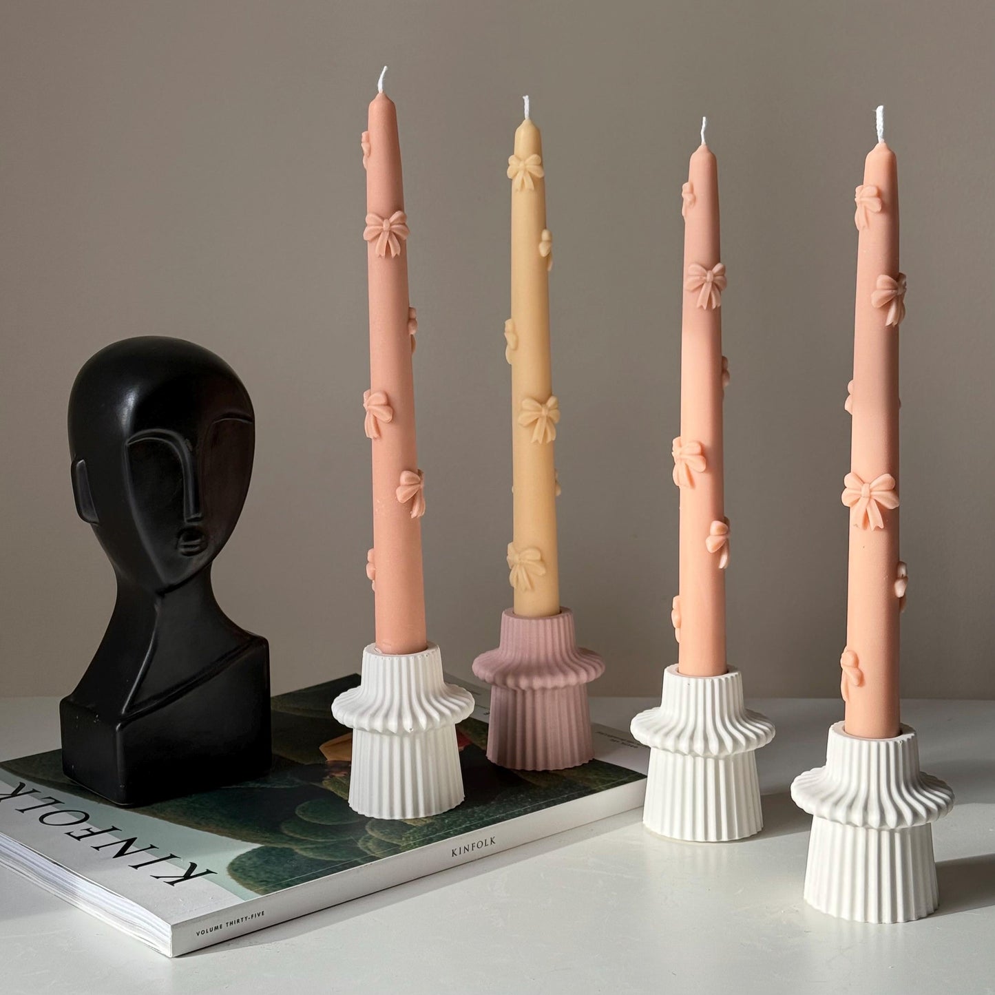 Ribbed Jesmonite Taper Candle Holder: Minimalist Table Decor